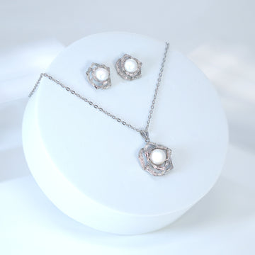 Swarovski Crystal Dainty Rose Flower Pearl Necklace Set , Bridal Jewelry, Bridal Earrings And Necklace, Statement Earrings Cz, Necklace Set